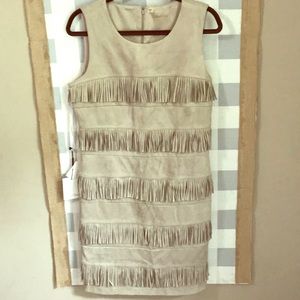 Calvin Klein tan sleeveless suede dress w/ fringe